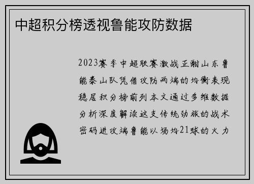 中超积分榜透视鲁能攻防数据
