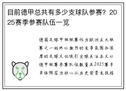 目前德甲总共有多少支球队参赛？2025赛季参赛队伍一览